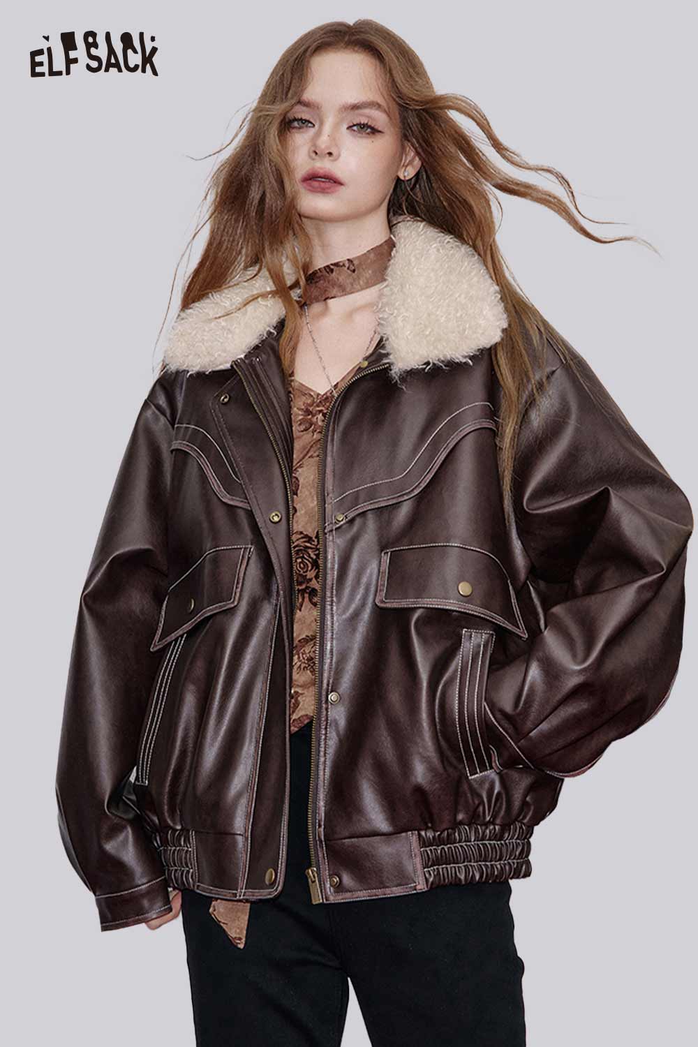 ELFSACK PU leather biker jacket for women with faux fur collar and oversized fit