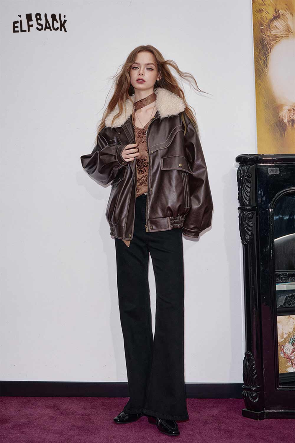 ELFSACK PU leather biker jacket for women with faux fur collar, styled with high-waisted trousers