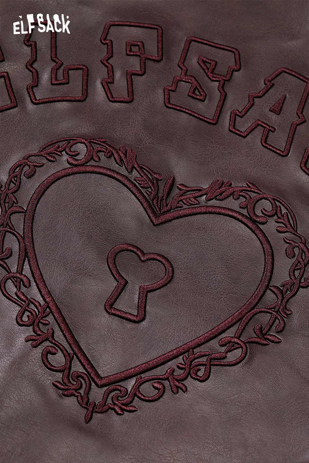 ELFSACK PU leather biker jacket for women featuring heart embroidery design for a stylish look