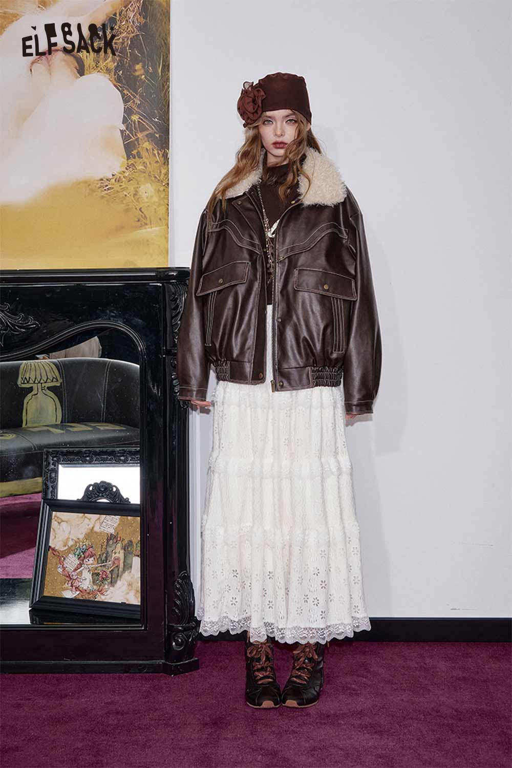 ELFSACK PU leather biker jacket for women with faux fur collar styled over a white dress