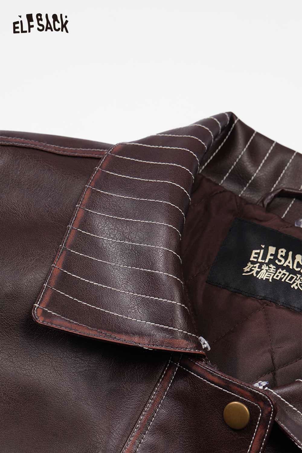 Close-up of ELFSACK brown PU leather biker jacket for women with stylish collar details