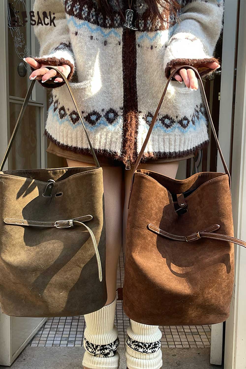 ELFSACK PU leather bucket bag for women available in brown and green tones with stylish design