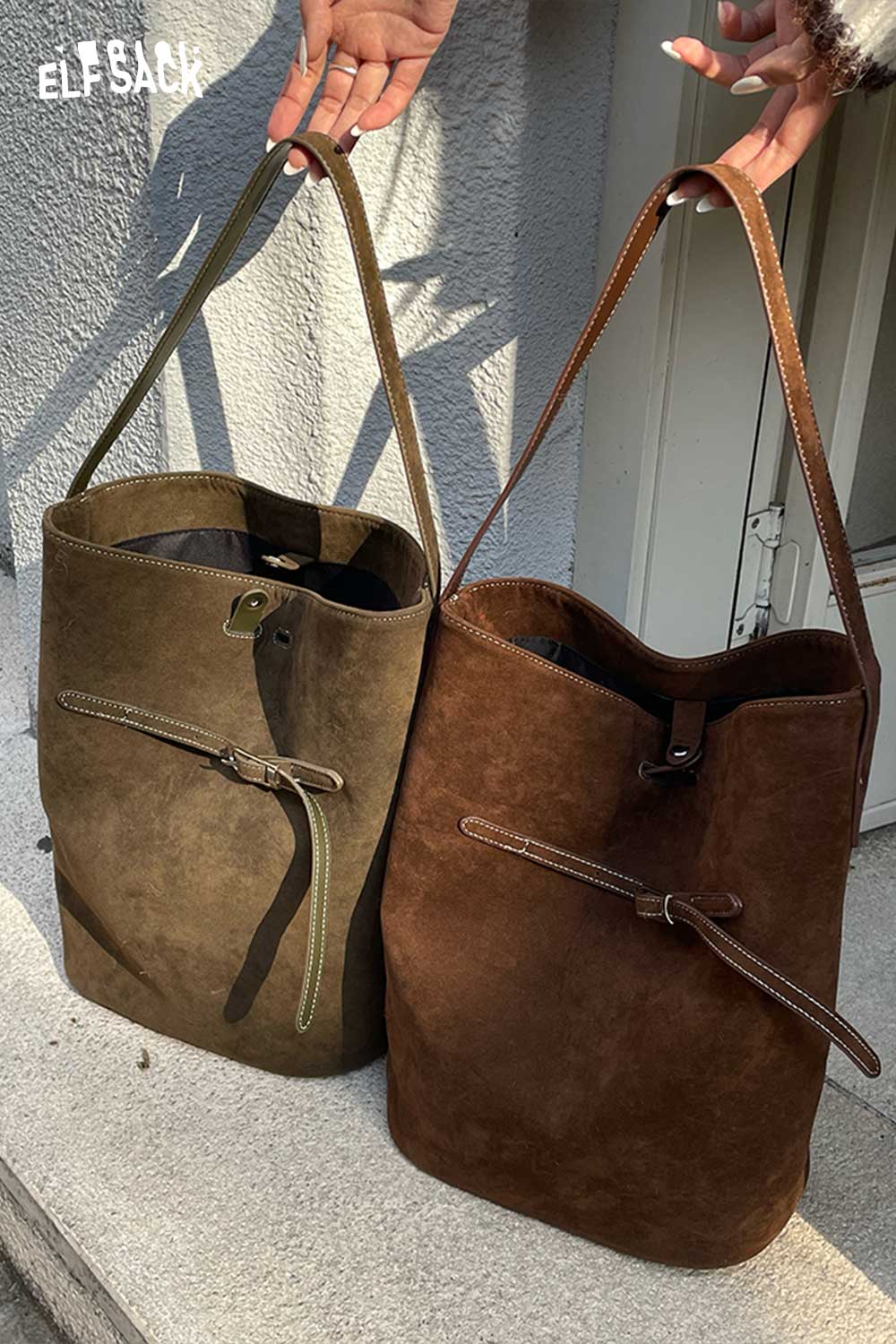 ELFSACK PU leather bucket bag for women in dark green and brown with stylish tie detail