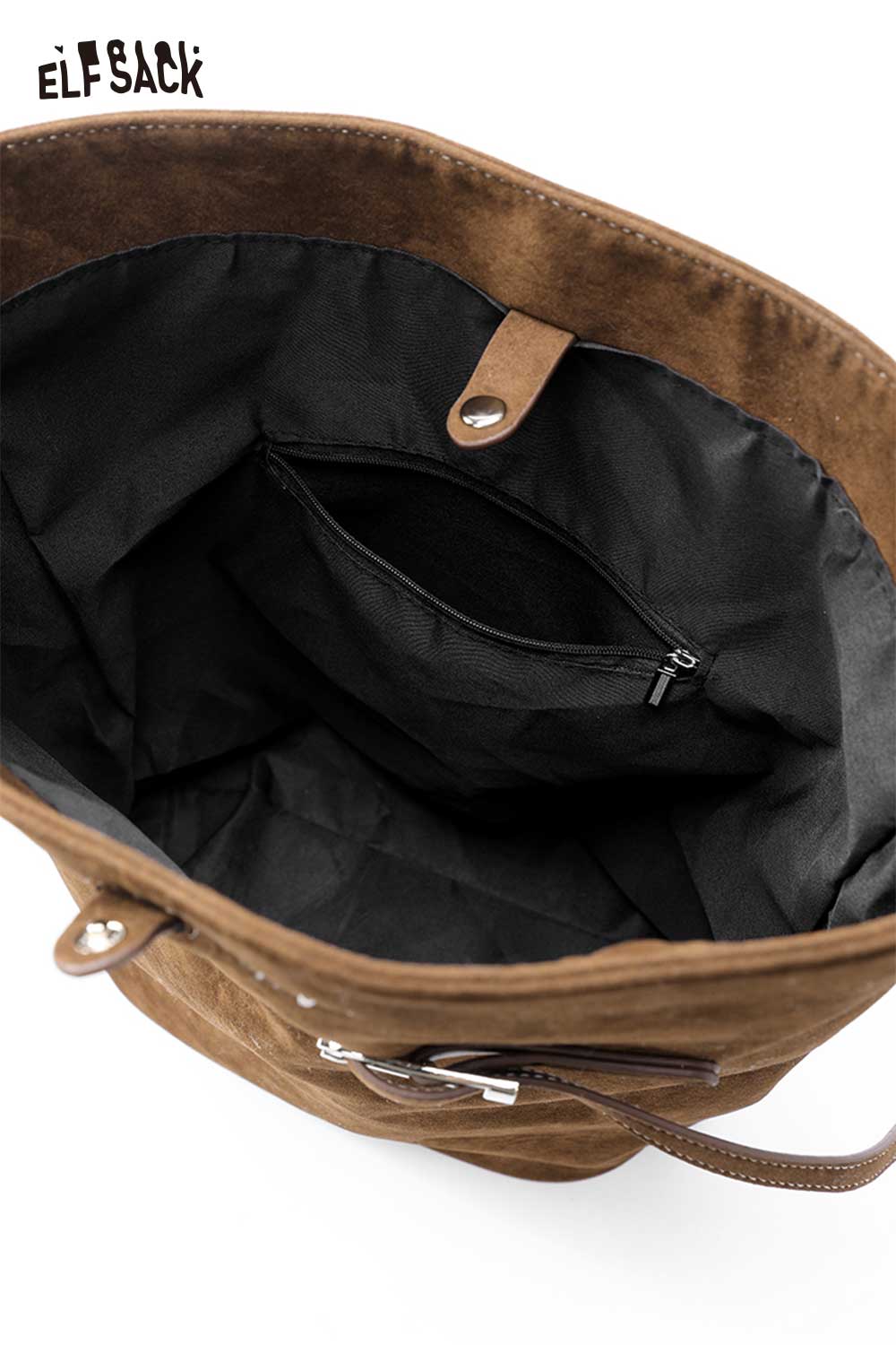 Inside view of a PU leather bucket bag for women with a zip pocket and spacious design