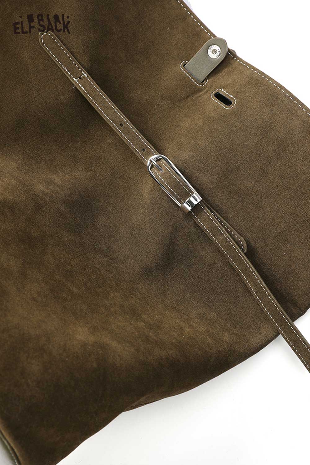 Close-up of ELFSACK PU leather bucket bag for women with stylish buckle detail and soft finish