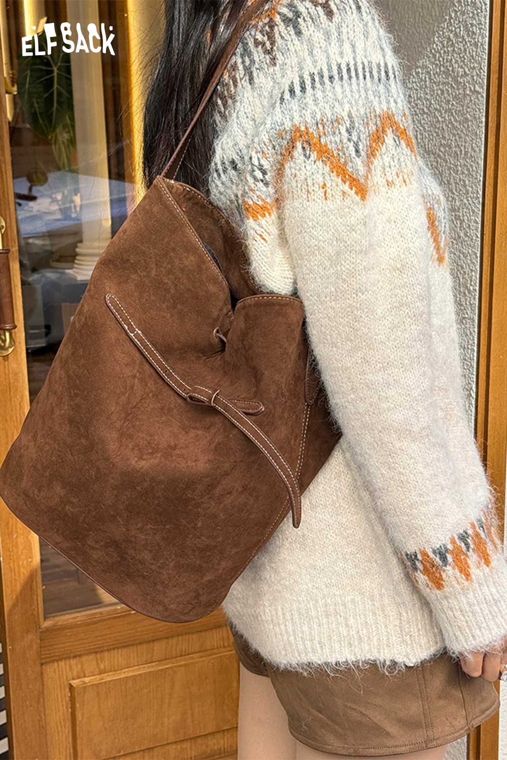 ELFSACK brown suede style PU leather bucket bag for women with stylish design for everyday use