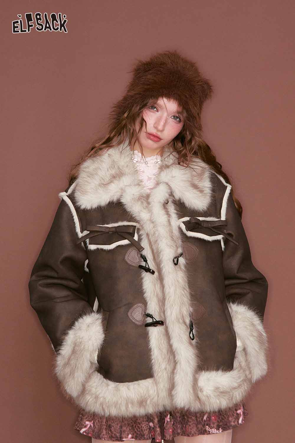 ELFSACK PU leather faux fur collar jacket in brown with stylish design and cozy fit