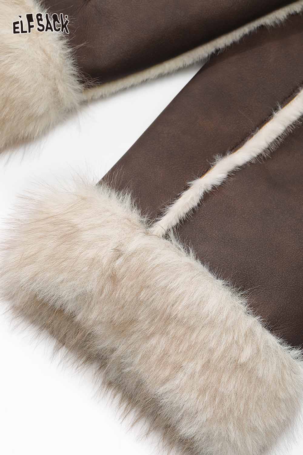 ELFSACK PU leather faux fur collar jacket showcasing soft fur trim for a stylish winter look
