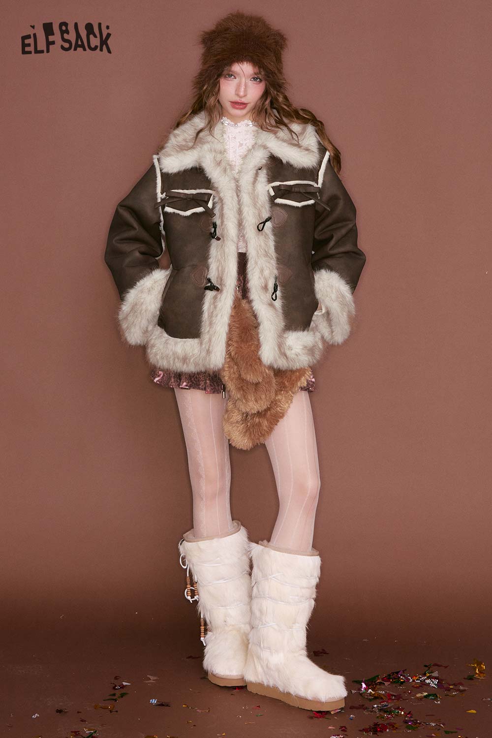 ELFSACK PU leather faux fur collar jacket for stylish winter warmth and comfort