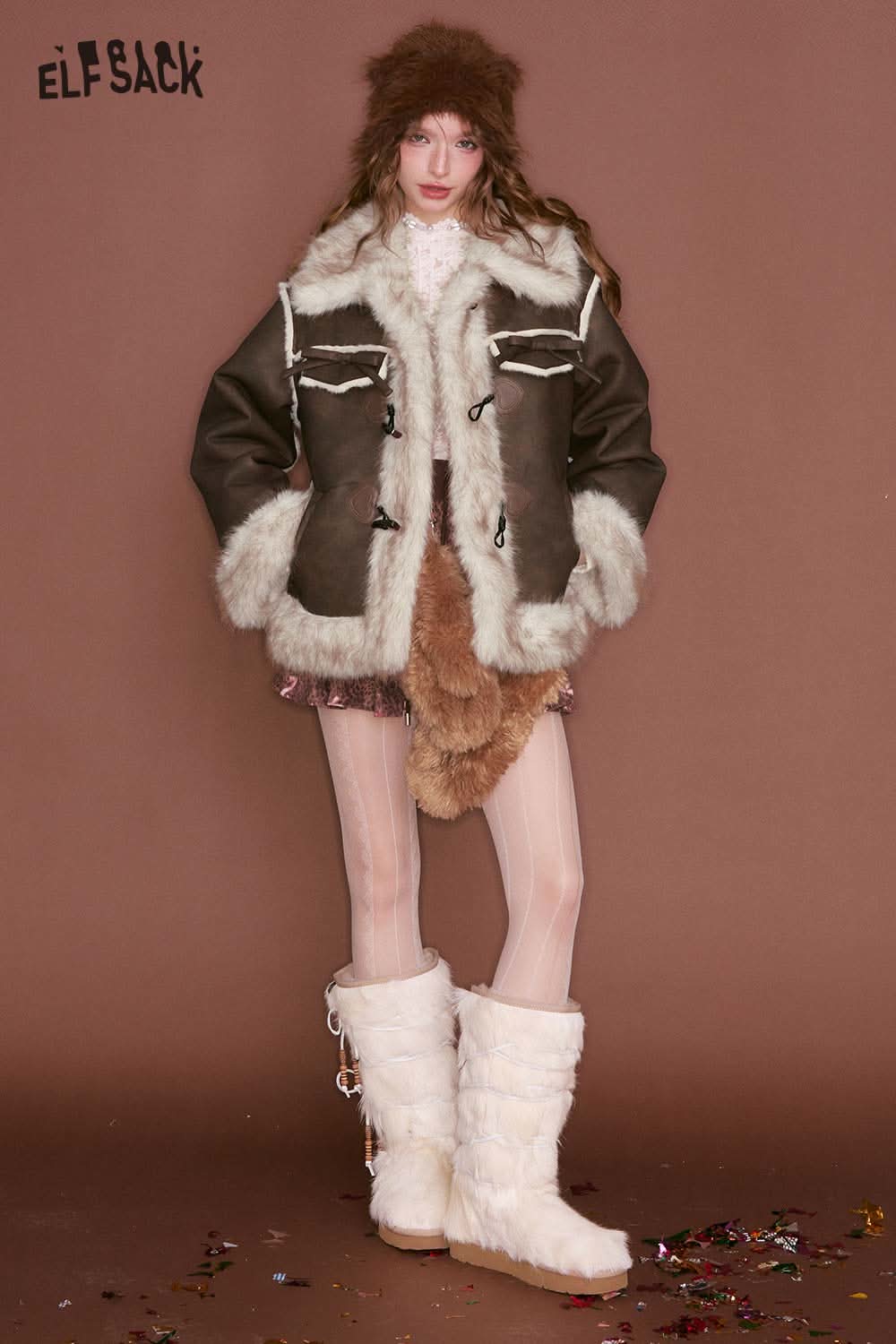 ELFSACK PU leather faux fur collar jacket for stylish winter warmth and comfort