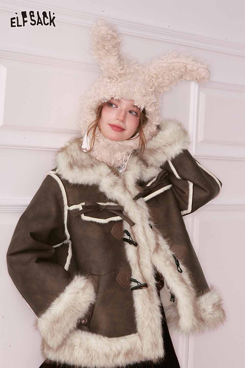 ELFSACK PU leather faux fur collar jacket featuring a stylish design and warm fabric for cold weather