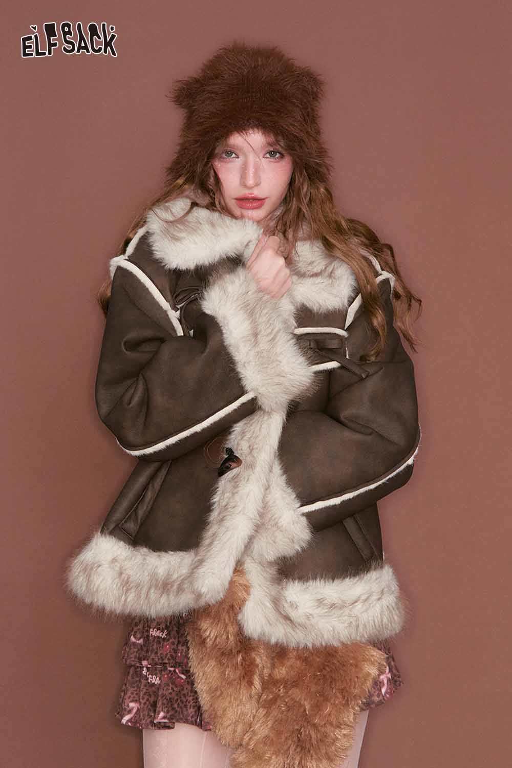 ELFSACK PU leather faux fur collar jacket in brown with cozy oversized fit and soft lining