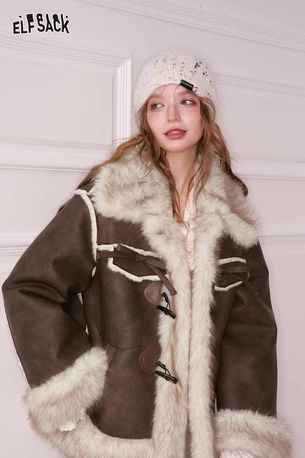 ELFSACK PU leather faux fur collar jacket with a stylish oversized fit and warm lining