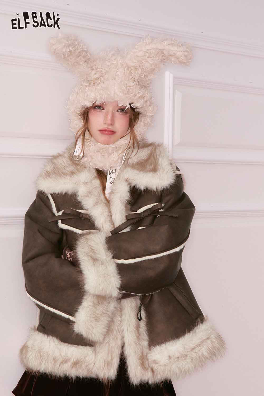 ELFSACK PU leather faux fur collar jacket with fluffy trim and soft lining for added warmth.