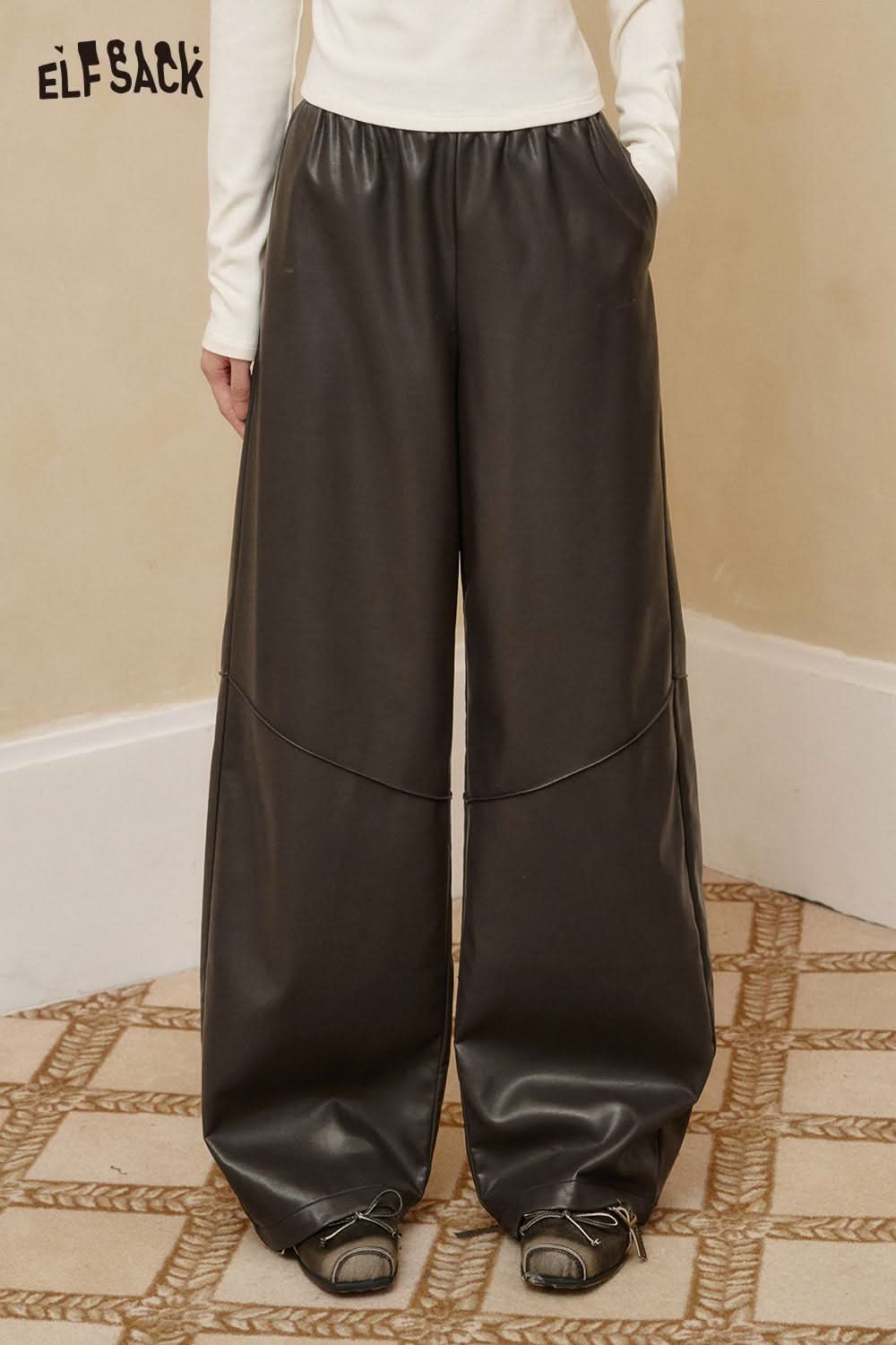 ELFSACK PU leather relaxed fit trousers with wide legs and side pockets for a stylish look
