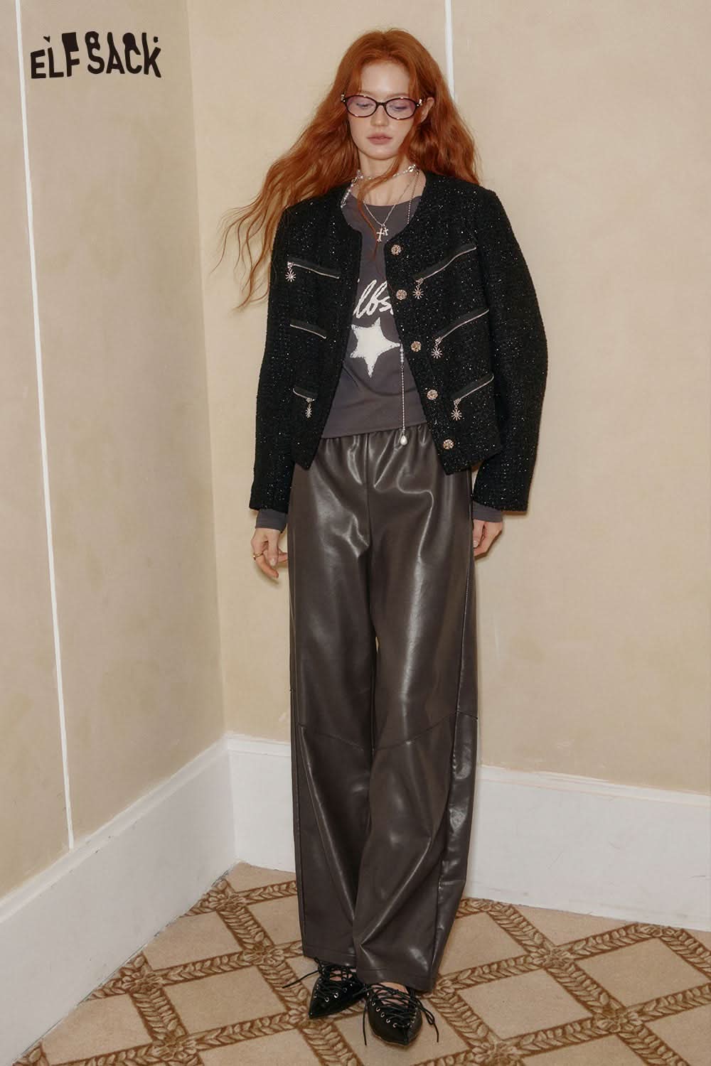 ELFSACK PU leather relaxed fit trousers paired with a stylish jacket for a fashionable look