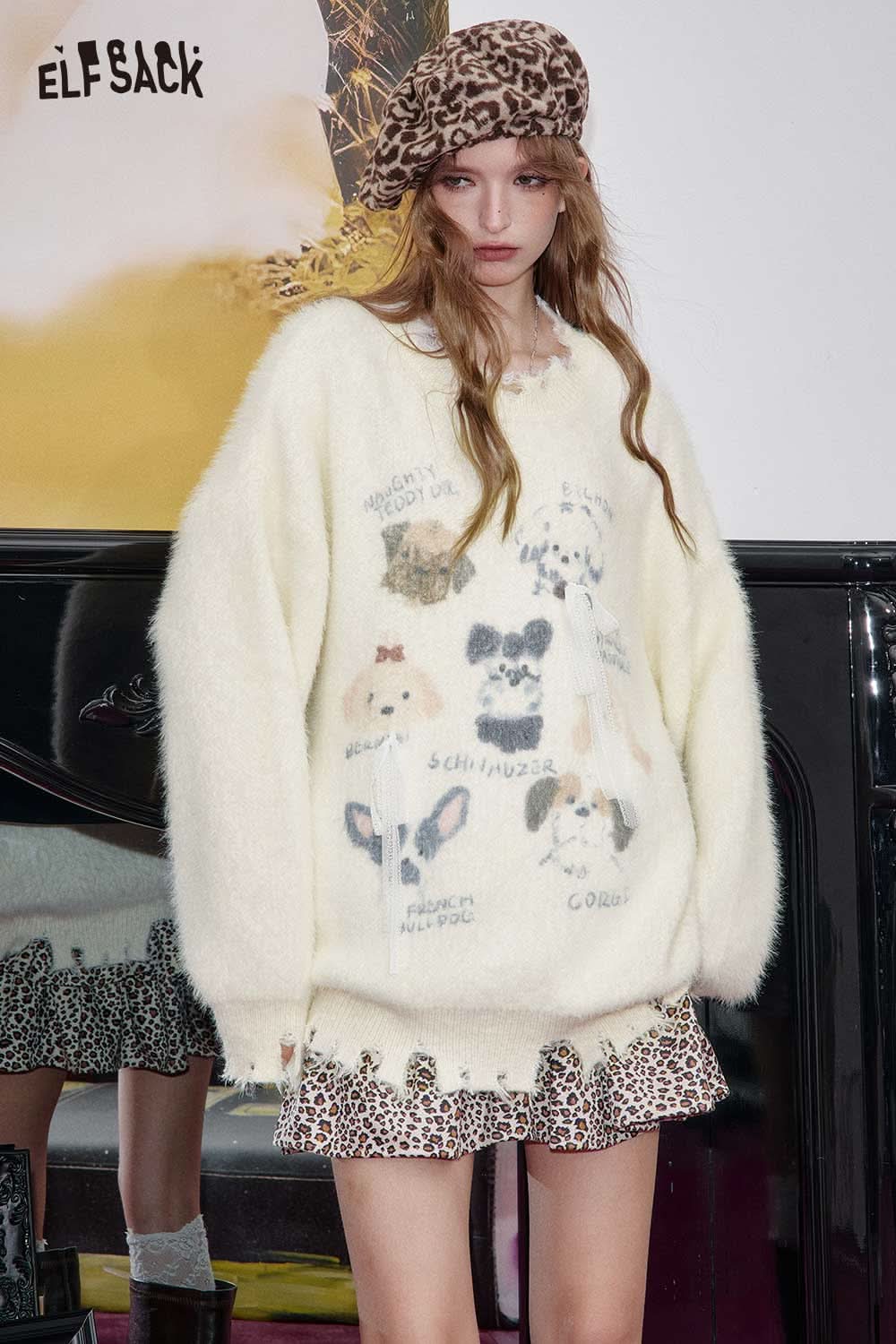 ELFSACK puppy motif oversized sweater in cream featuring playful dog designs for a cozy look