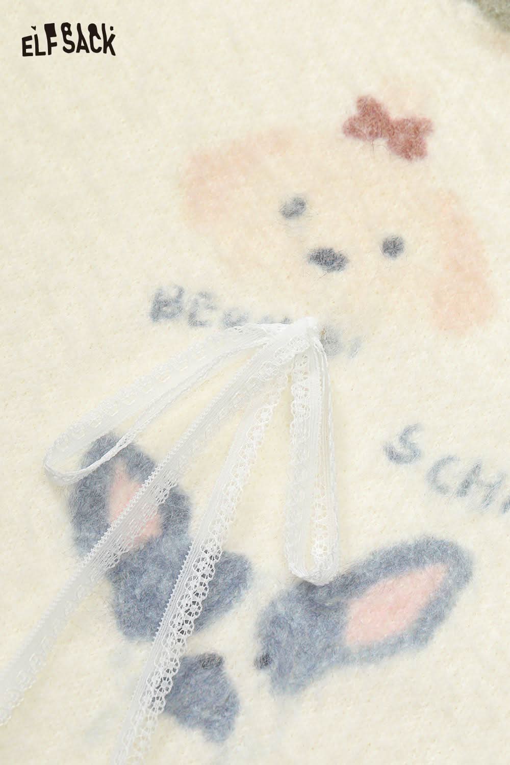 ELFSACK puppy motif oversized sweater with playful graphics and lace details for a cozy look