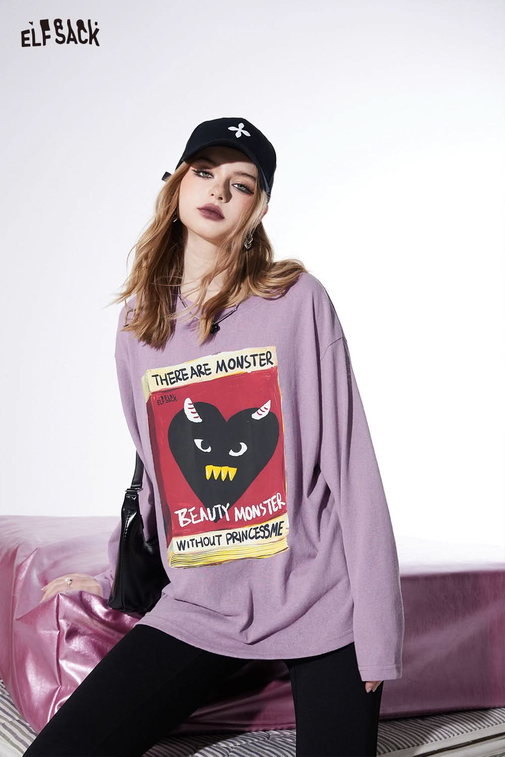 ELFSACK purple oversized T-shirt with graphic print featuring a monster design and text details