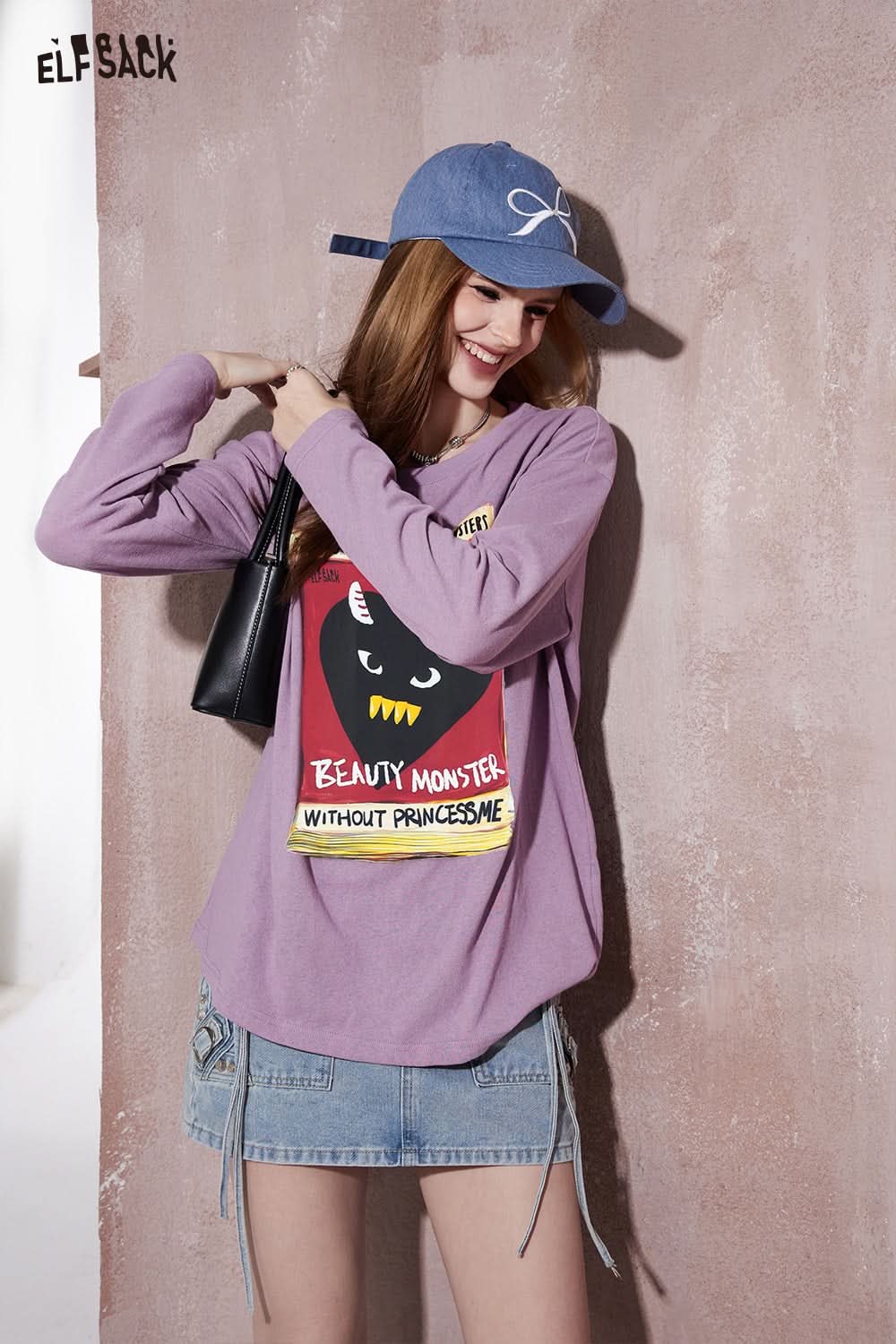 ELFSACK purple long sleeve T-shirt with colorful graphic print and casual denim skirt outfit