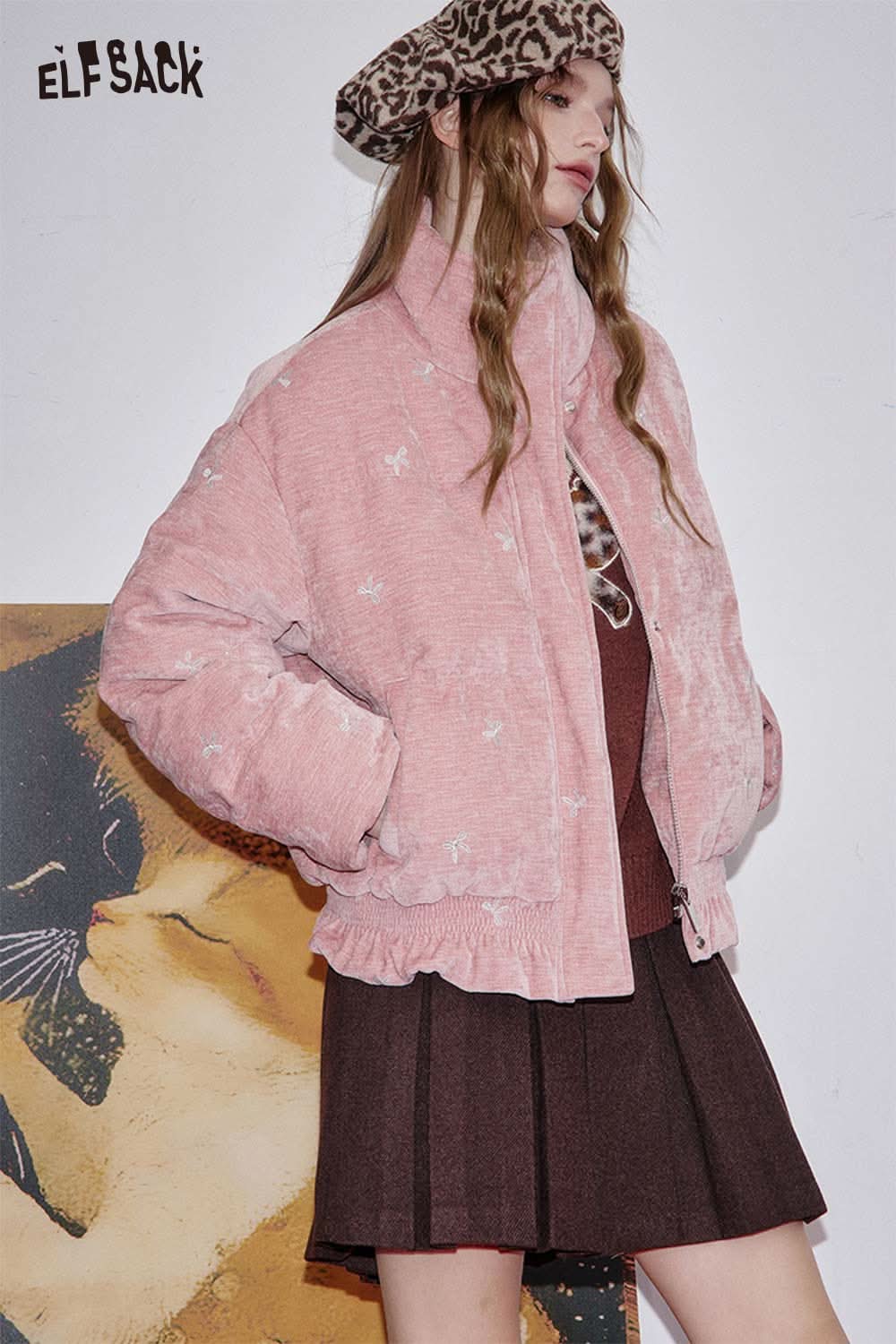 Pink ELFSACK quilted ruffle trim jacket for women, featuring a stylish design with unique detailing