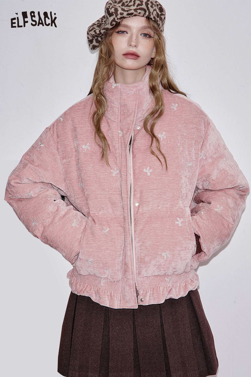 ELFSACK pink quilted ruffle trim jacket for women with a stylish design and cozy fit