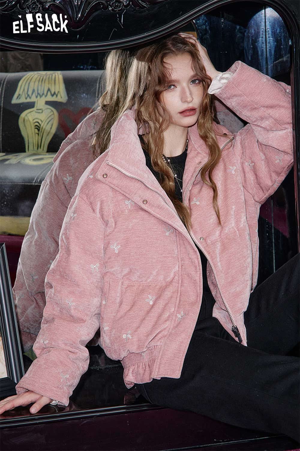 ELFSACK pink quilted ruffle trim jacket for women with floral accents and oversized fit