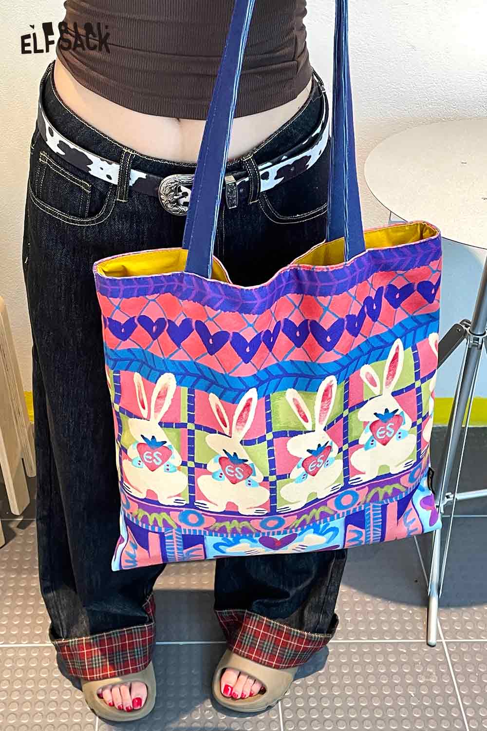 ELFSACK rabbit graphic tote bag featuring colorful rabbit designs for a playful and stylish accessory