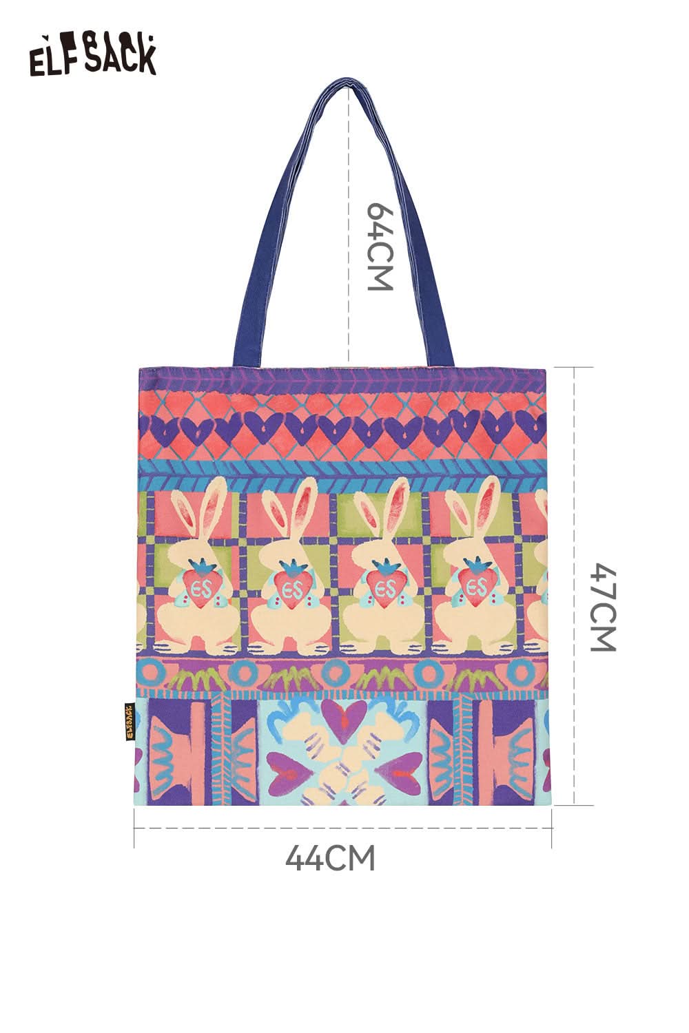 Colorful ELFSACK rabbit graphic tote bag showcasing playful bunny designs and vibrant patterns