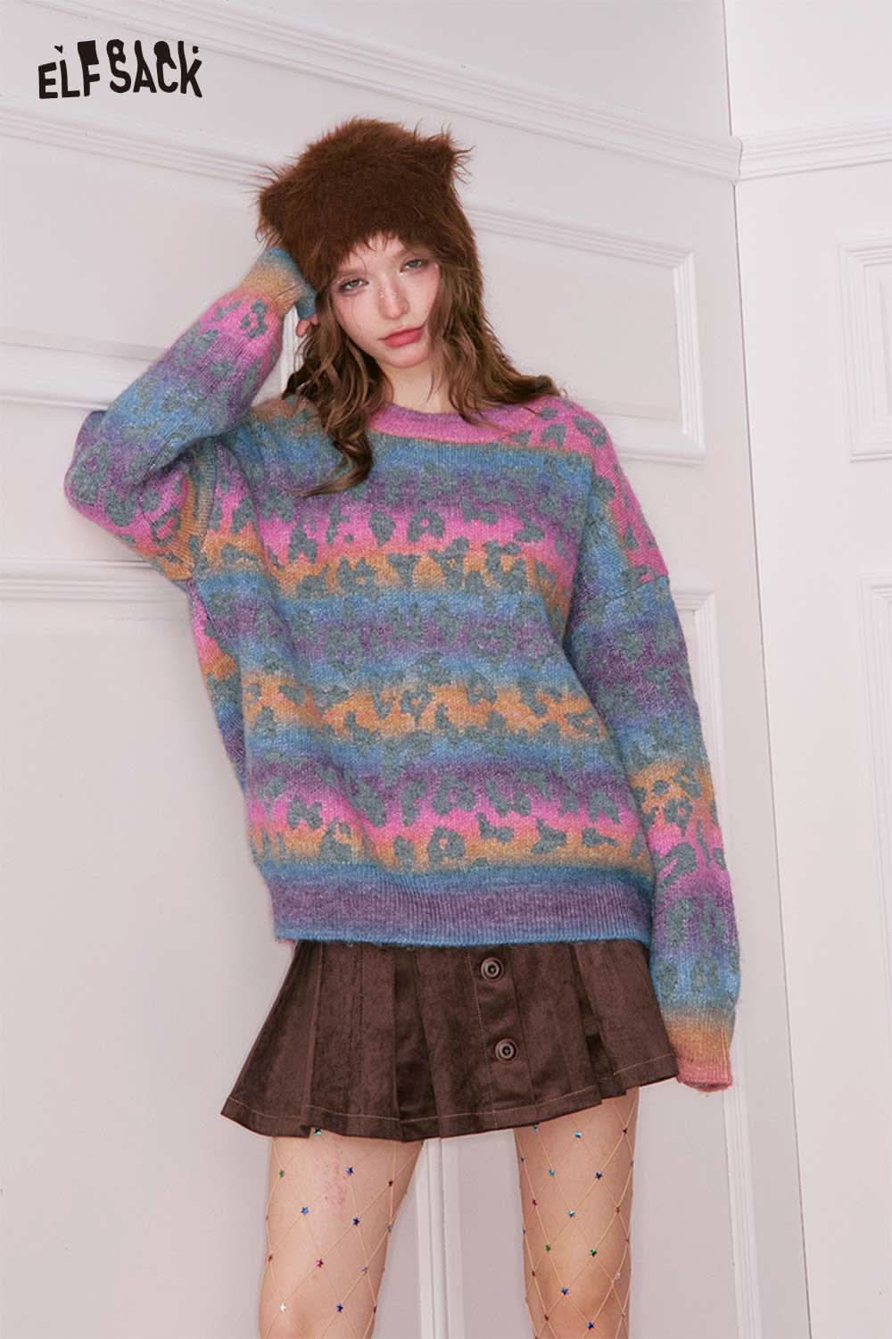 Colorful ELFSACK rainbow gradient sweater for women with fluffy texture and vibrant striped pattern