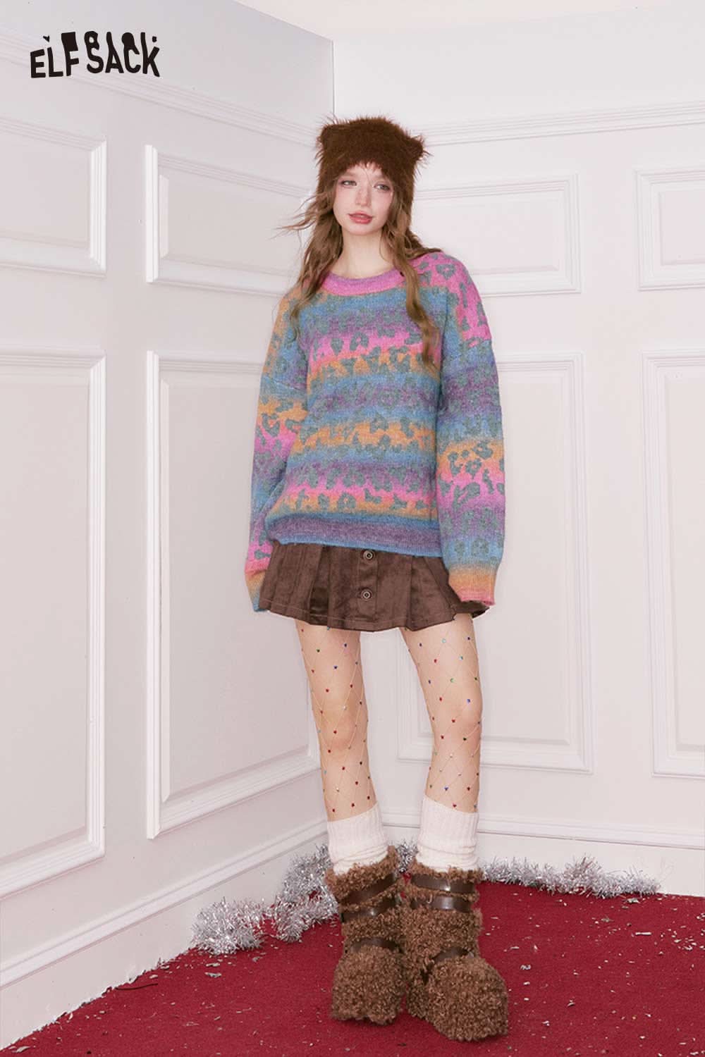 Colorful ELFSACK rainbow gradient sweater for women with unique patterns and relaxed fit