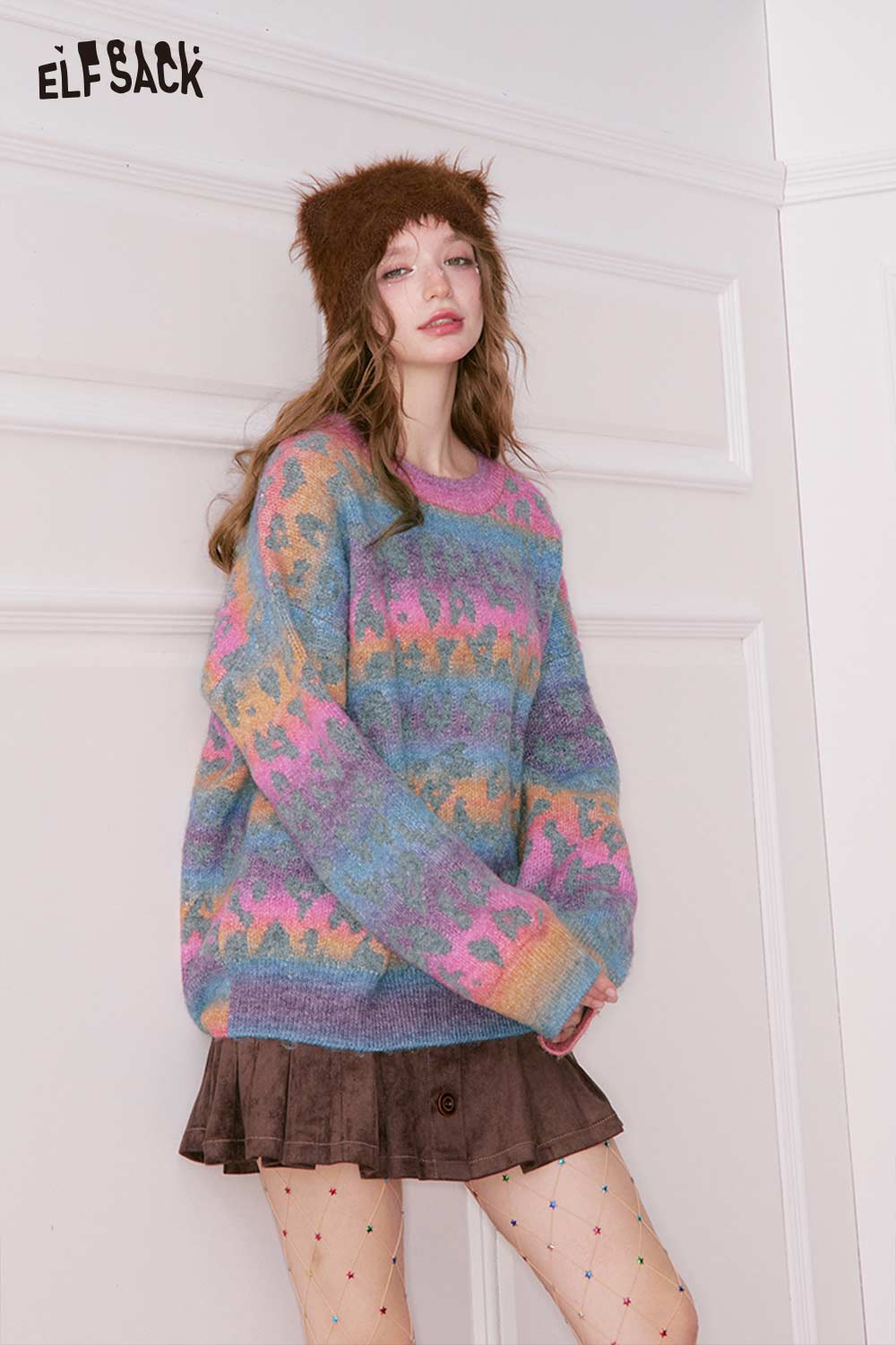 ELFSACK rainbow gradient sweater for women with colorful patterns, perfect for casual outfits.