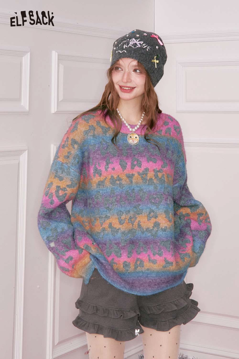 Cozy ELFSACK rainbow gradient sweater for women in vibrant colors, perfect for casual outfits