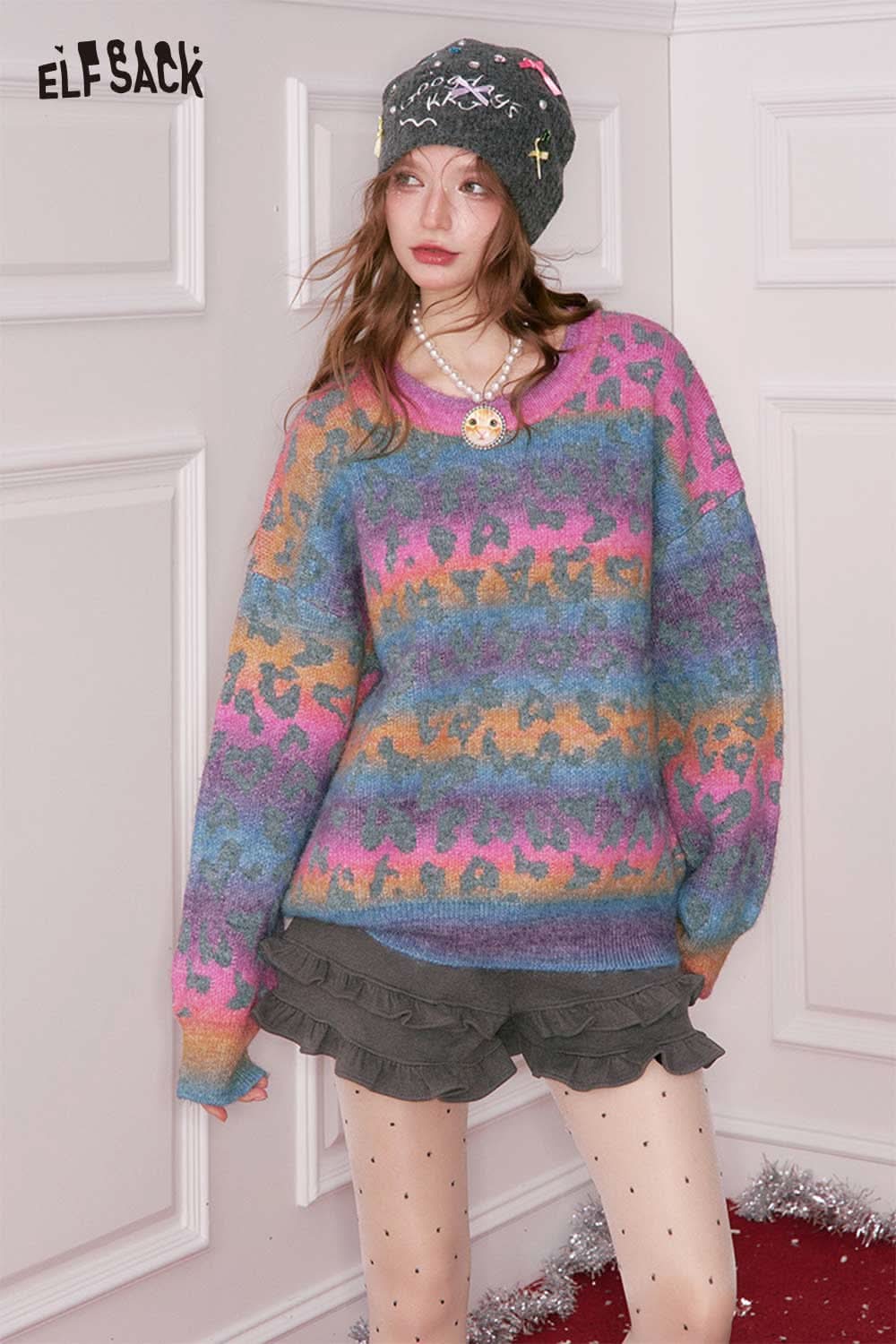 ELFSACK rainbow gradient sweater for women in vibrant colors, featuring a loose fit and textured pattern.