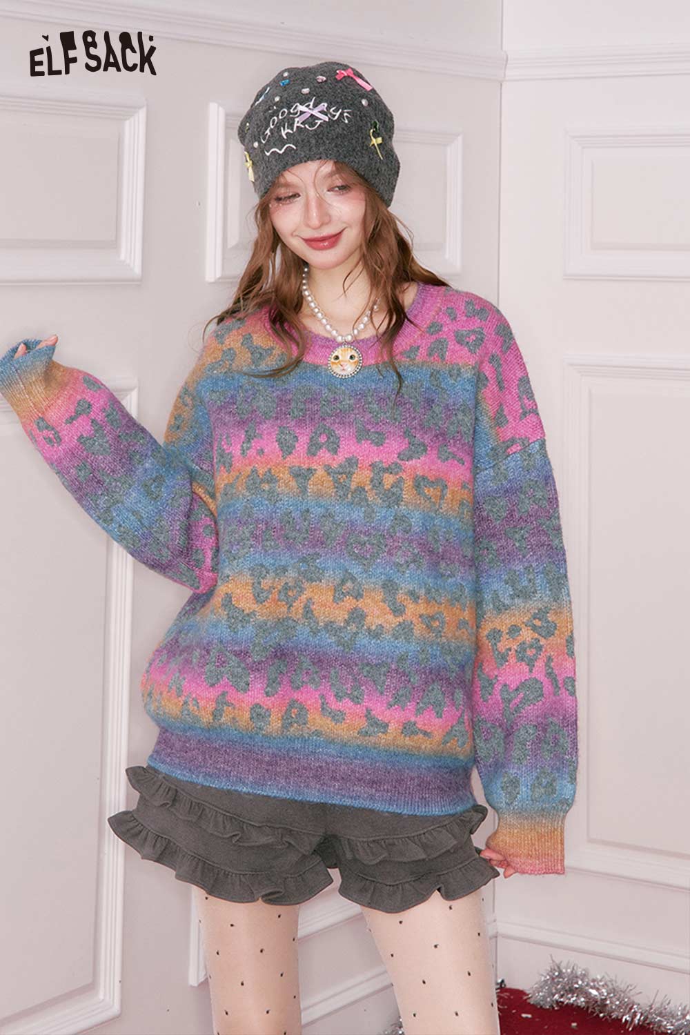 ELFSACK rainbow gradient sweater for women with a colorful leopard print pattern