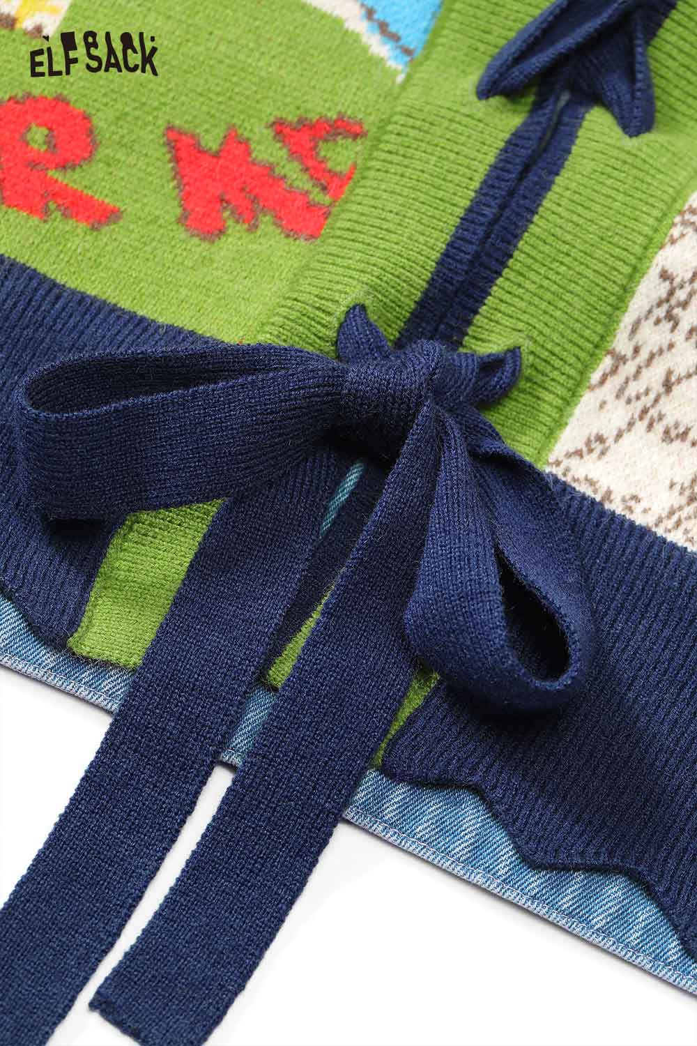 Colorful retro denim knit vest for women with a unique design and tie closure from ELFSACK