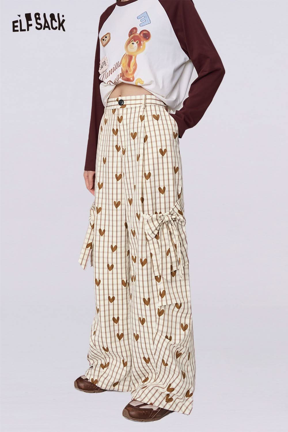 ELFSACK heart plaid wide-leg pants cream and brown high waisted with heart print vertical stripes and side ties