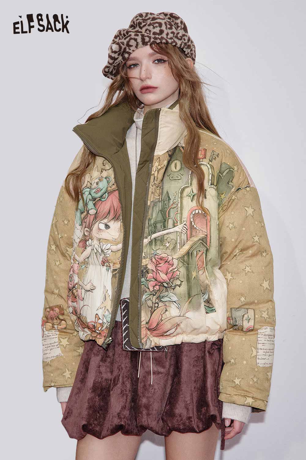 ELFSACK reversible cartoon graphic puffer coat featuring whimsical designs and warm insulation