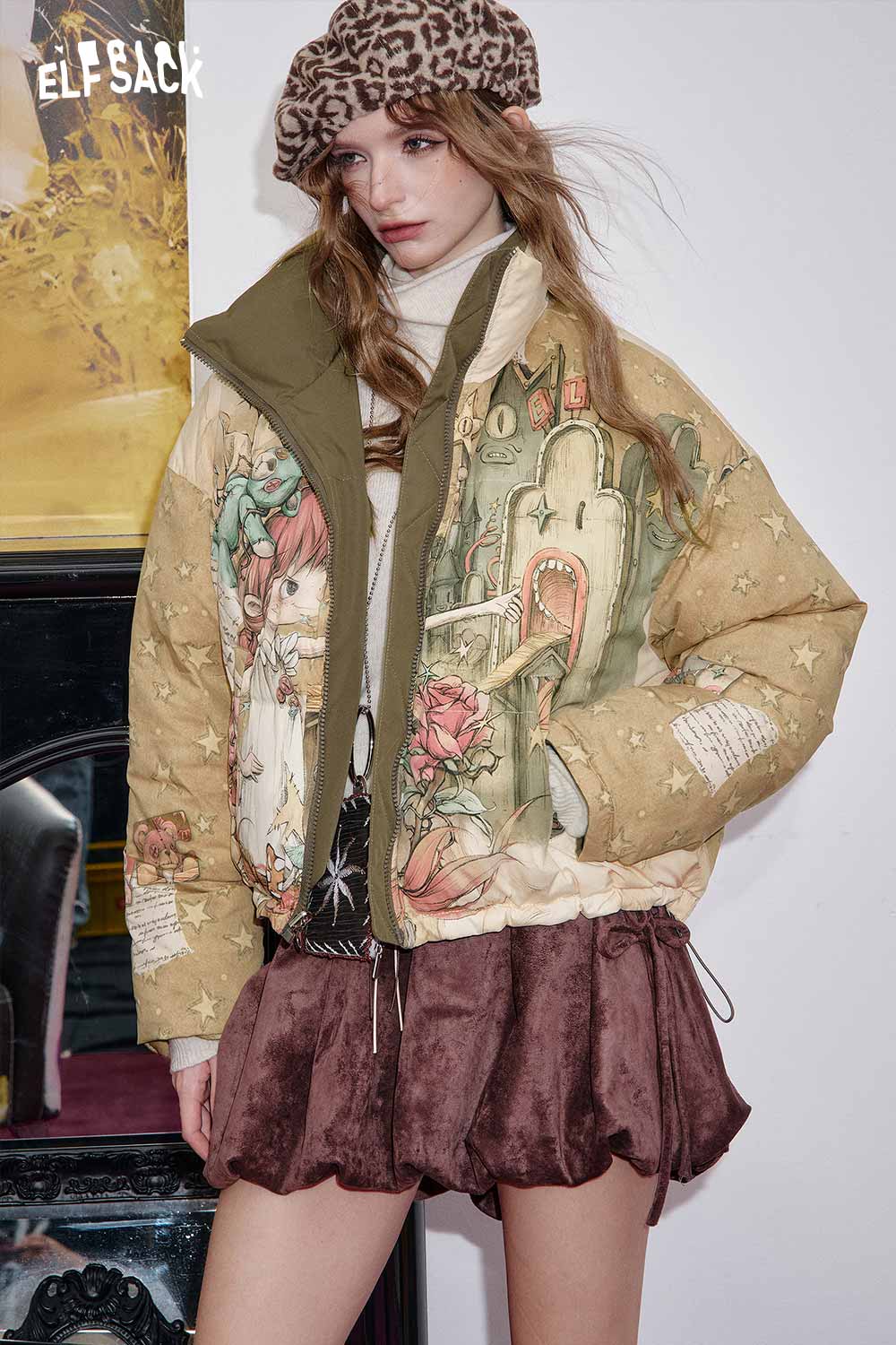 ELFSACK reversible cartoon graphic puffer coat featuring unique artistic designs for stylish winter warmth