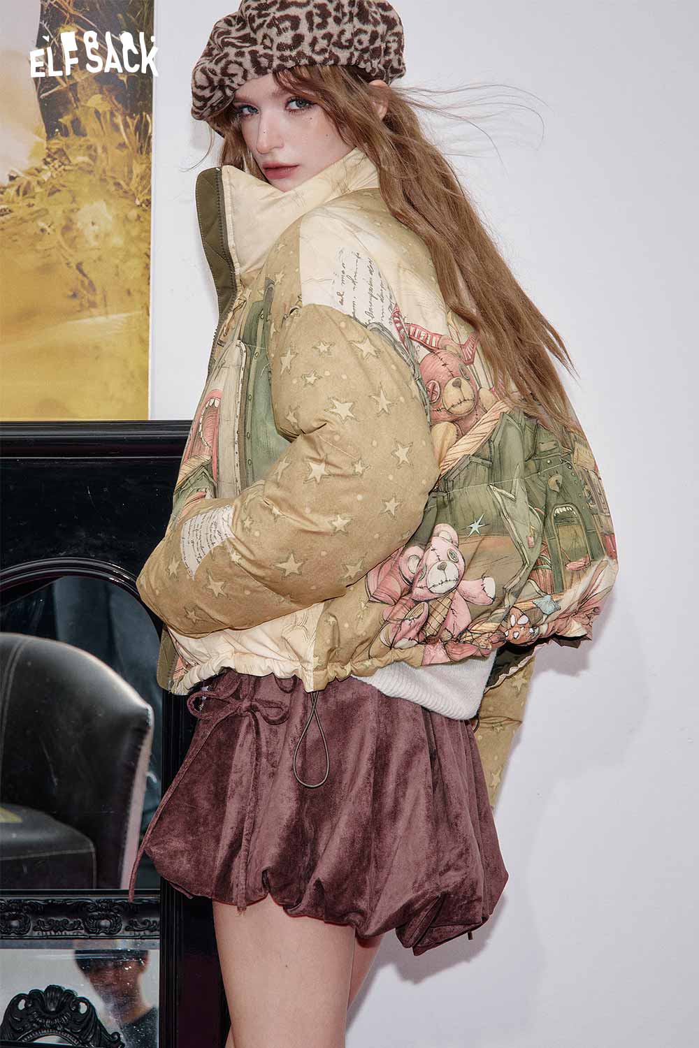 ELFSACK reversible cartoon graphic puffer coat with unique design and cozy fit for stylish winter wear