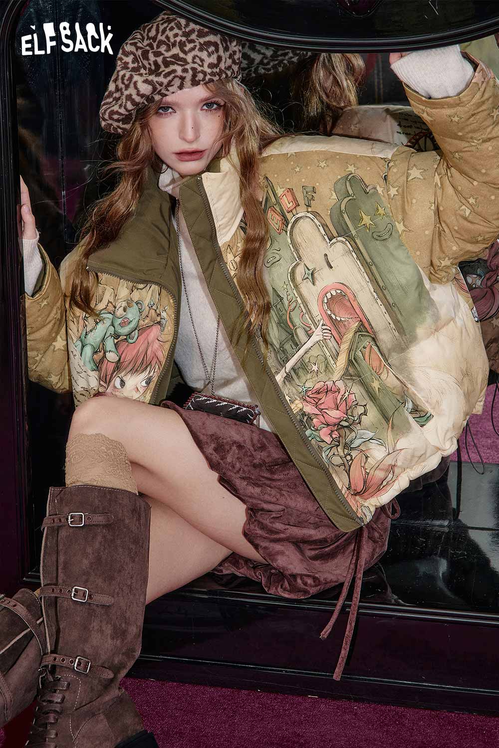 ELFSACK reversible cartoon graphic puffer coat featuring unique artistic designs and vibrant colors