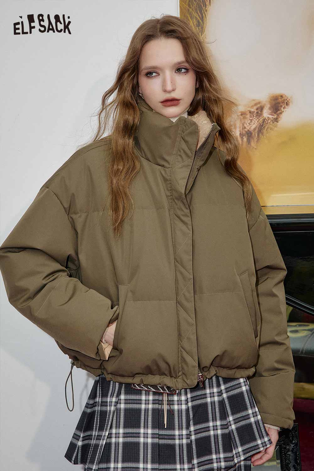 ELFSACK reversible cartoon graphic puffer coat in olive green with oversized fit and modern style