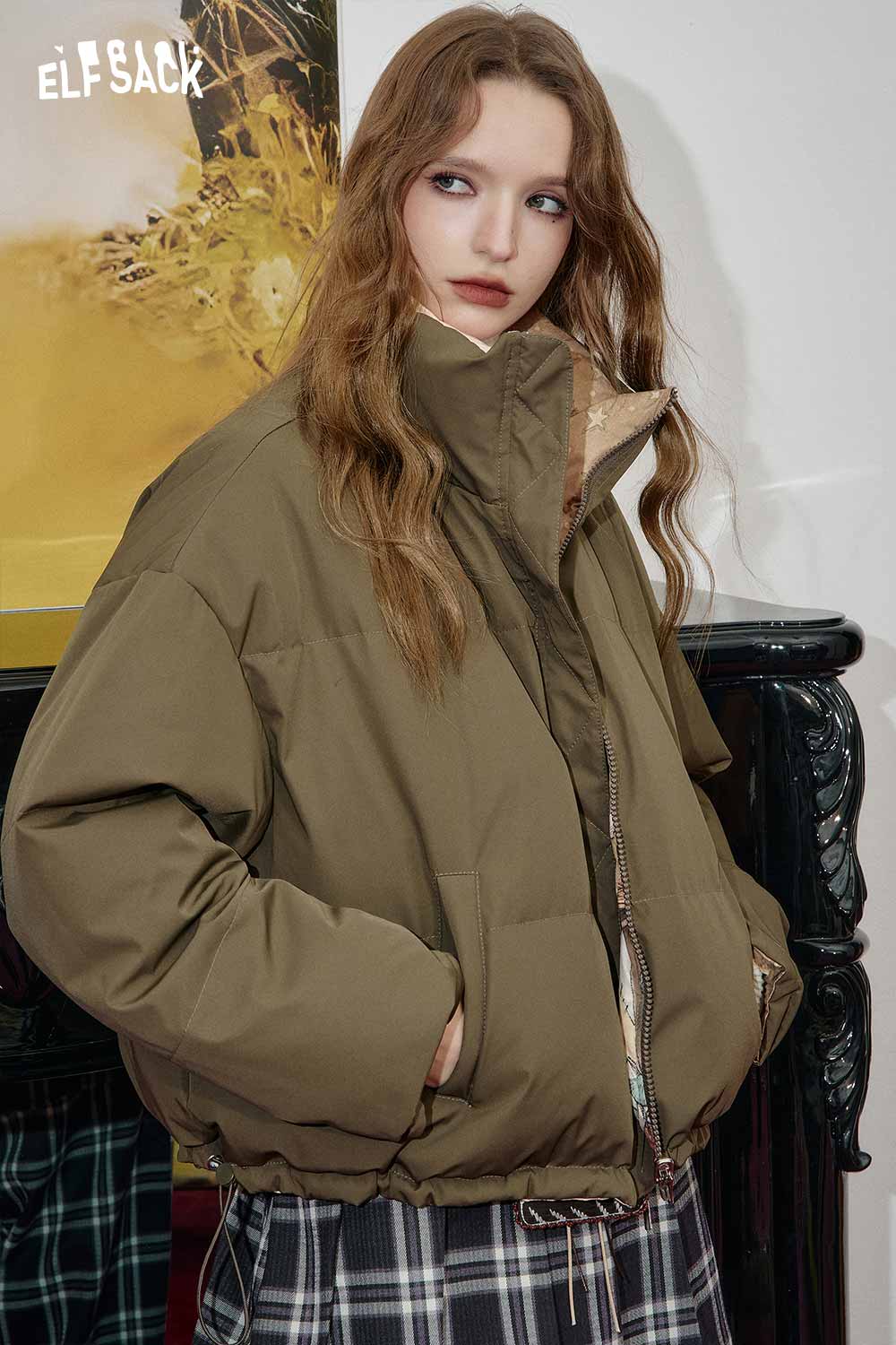 ELFSACK reversible cartoon graphic puffer coat in olive green with a cozy oversized fit