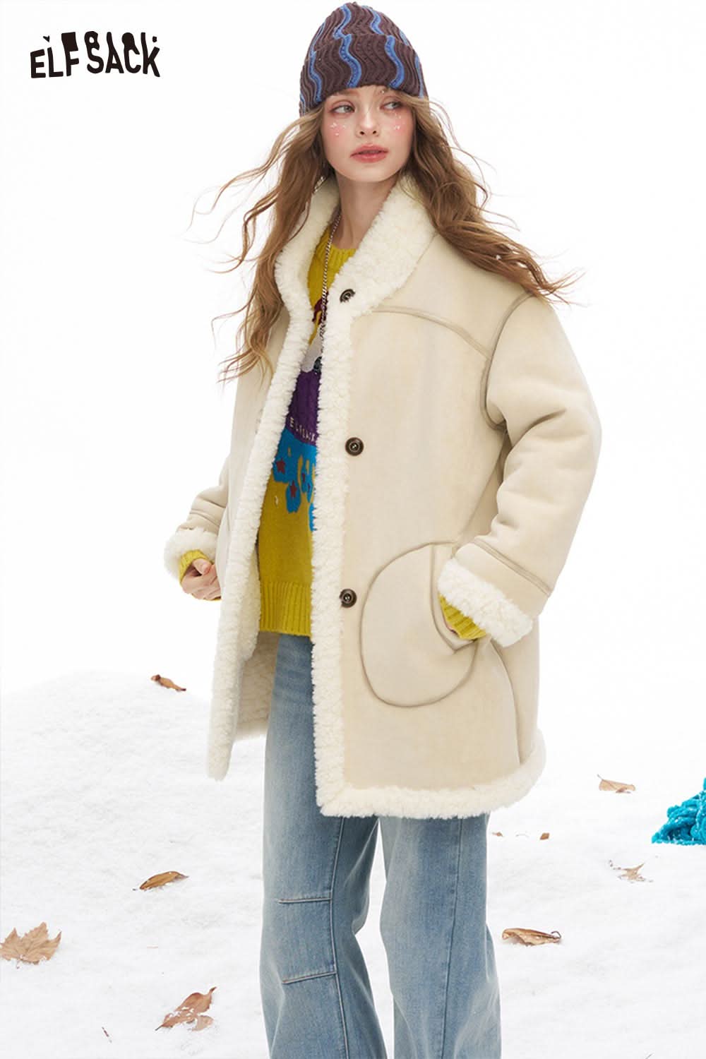 ELFSACK reversible plush long coat in cream with soft fur lining and oversized pockets for warmth