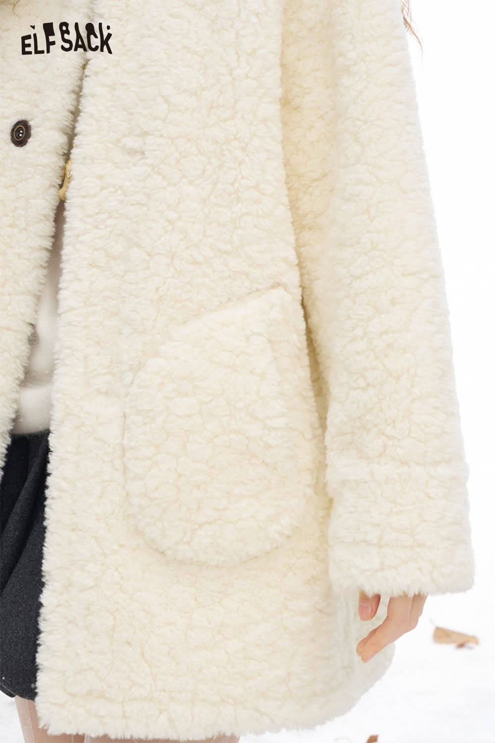 ELFSACK reversible plush long coat in cream color with a soft textured finish and side pocket