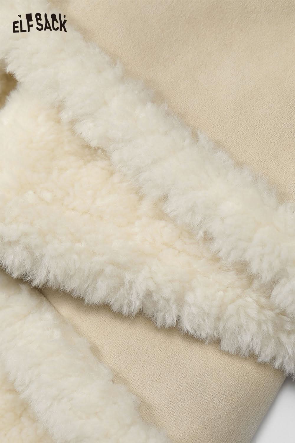 ELFSACK Reversible Plush Long Coat in Cream with Soft Fur Trim for Cozy Winter Wear