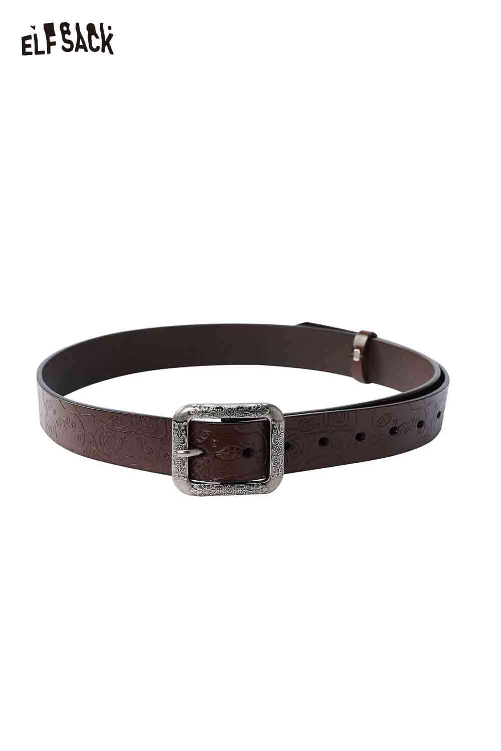 ELFSACK reversible rose pattern belt in brown with an ornate silver buckle for stylish accessorizing