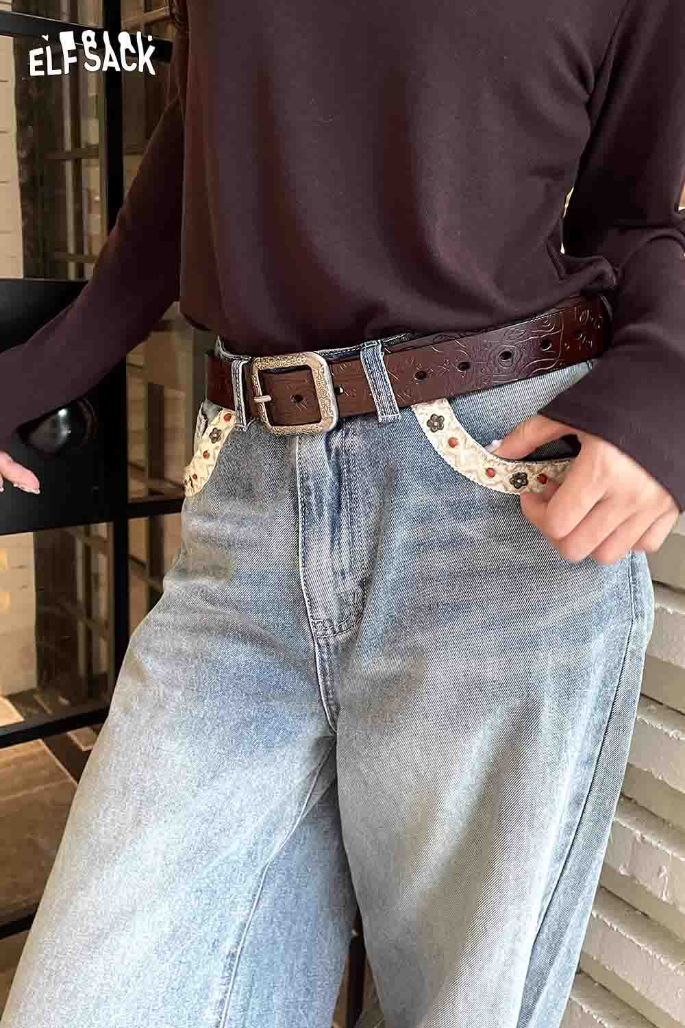 ELFSACK reversible rose pattern belt featuring a stylish design for a chic look.