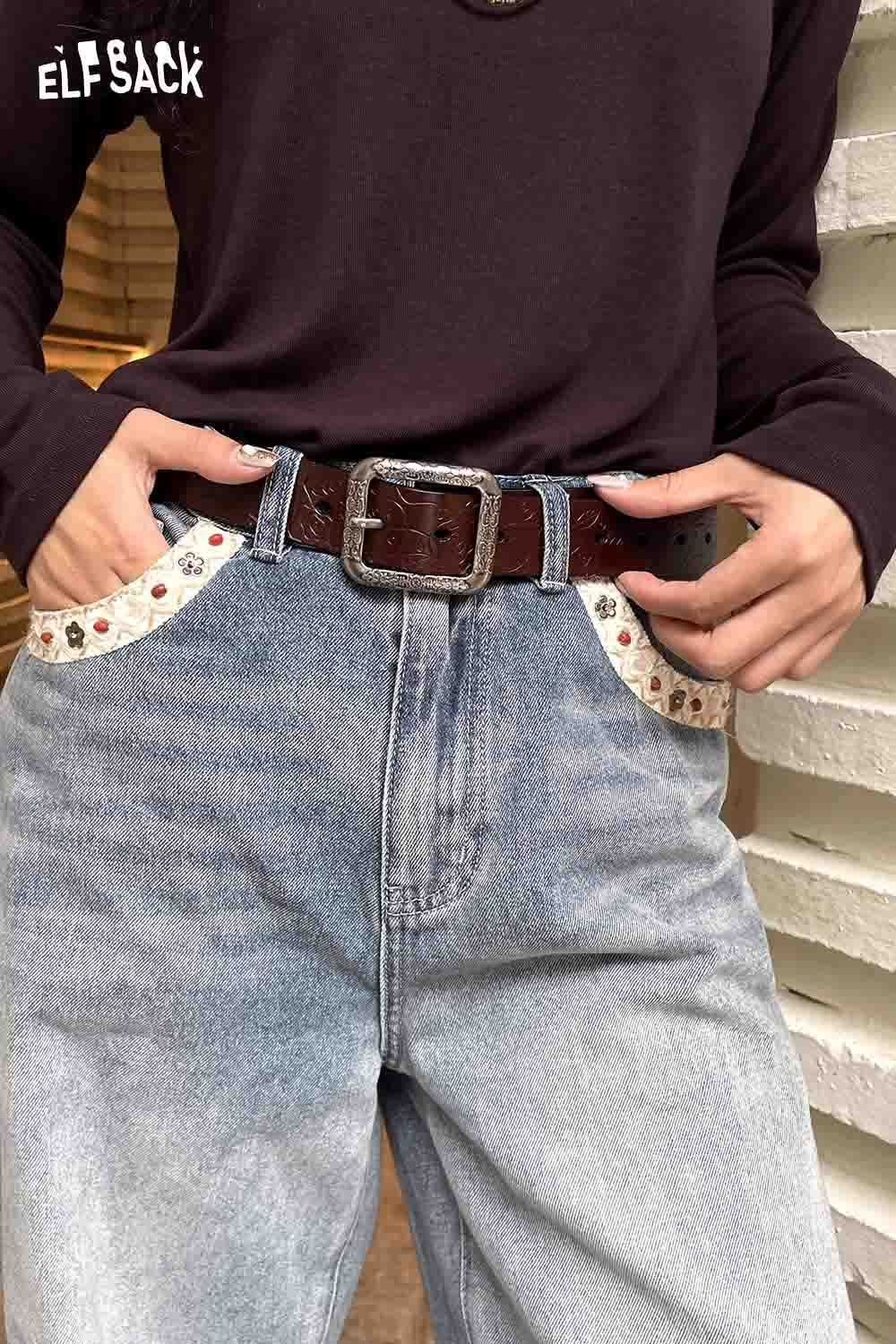 ELFSACK reversible rose pattern belt with a stylish buckle, paired with high-waisted jeans