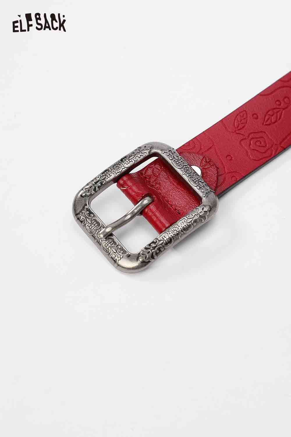 ELFSACK reversible rose pattern belt in red with a decorative metal buckle for stylish outfit accents